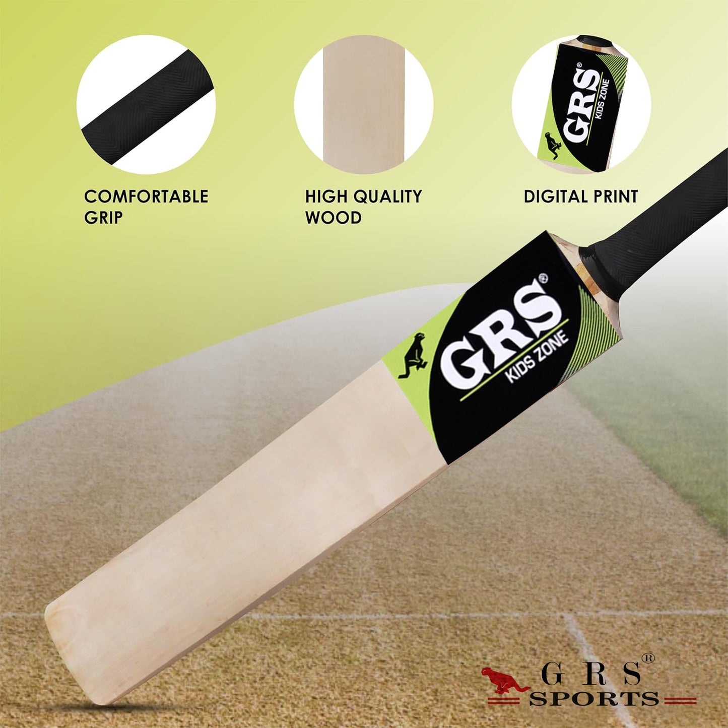 GRS KidsZone Popular Willow Cricket Bat with Wicket Set & 1 Tennis Ball for Kids (Size 3, Age 6-10 Year Old Kids) Multicolor