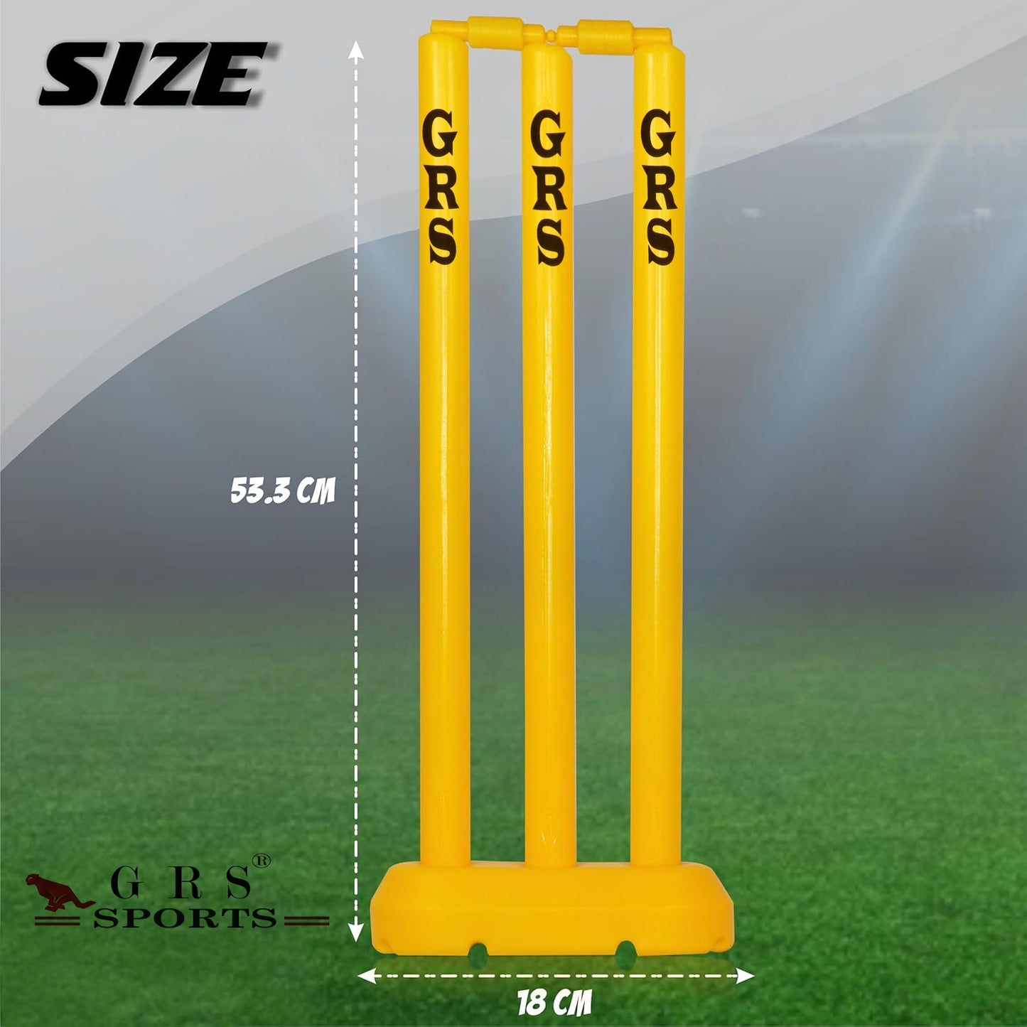 GRS ® Kids Zone Hard Plastic Cricket Wickets Set for Kids for Age Group 3 to 10 Year (3 Piece Wickets, 2 Bails, Base, 24'' Wickets Length, Yellow)