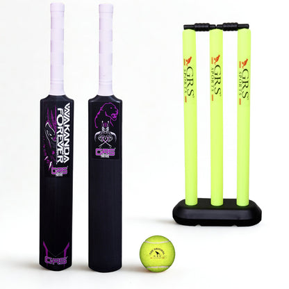 GRS Wakanda-Forever Heavy Grade Hard Plastic Cricket Bat with Wicket Set Floro & 1 Tennis Ball for Kids (Size 3, Age 6-10 Year Old Kids), Strong Plastic