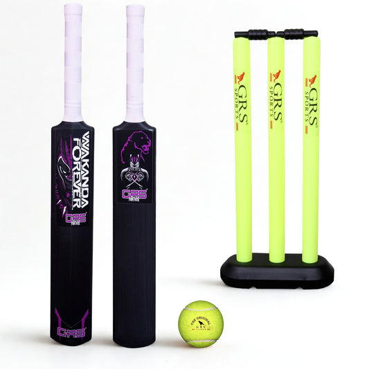 GRS Wakanda-Forever Heavy Grade Hard Plastic Cricket Bat with Wicket Set Floro & 1 Tennis Ball for Kids (Size 3, Age 6-10 Year Old Kids), Strong Plastic