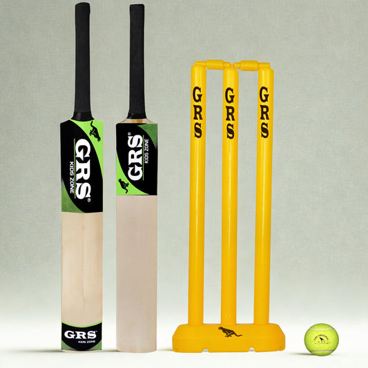 GRS KidsZone Popular Willow Cricket Bat with Wicket Set & 1 Tennis Ball for Kids (Size 3, Age 6-10 Year Old Kids) Multicolor