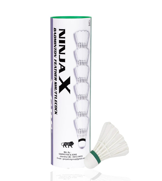 GRS® NinjaX Hard Cork Feather Shuttle Cock (Pack of 6),Color White, Base Cork in Wooden Material, Superfine Feather