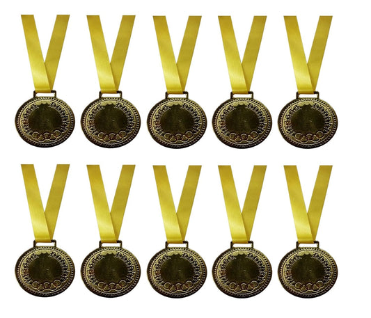 GRS Sports Gold Medal with Golden Ribbon (Golden) (Set of 10) Size 2" inch. for School Winners, Sports, Athletic Games(Unisex- for All Age Winners)