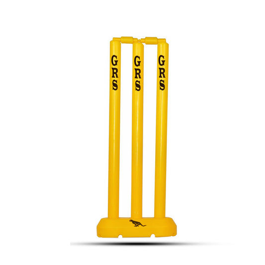 GRS ® Kids Zone Hard Plastic Cricket Wickets Set for Kids for Age Group 3 to 10 Year (3 Piece Wickets, 2 Bails, Base, 24'' Wickets Length, Yellow)